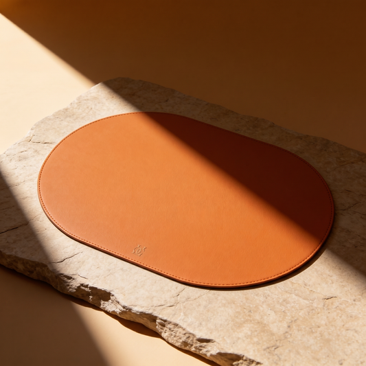 Caramel Victoria hard table mat in Roskin vegan leather
