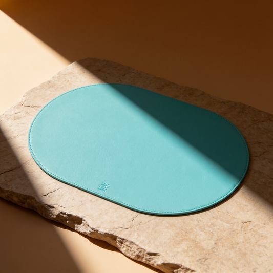 Tiff Blue Victoria hard table mat in Roskin vegan leather